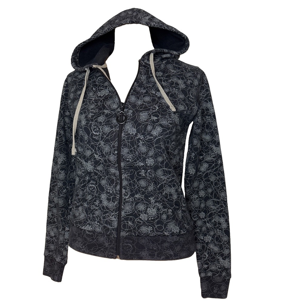 Stussy Girls Zip Up Hoodie Jacket size S Black all over print